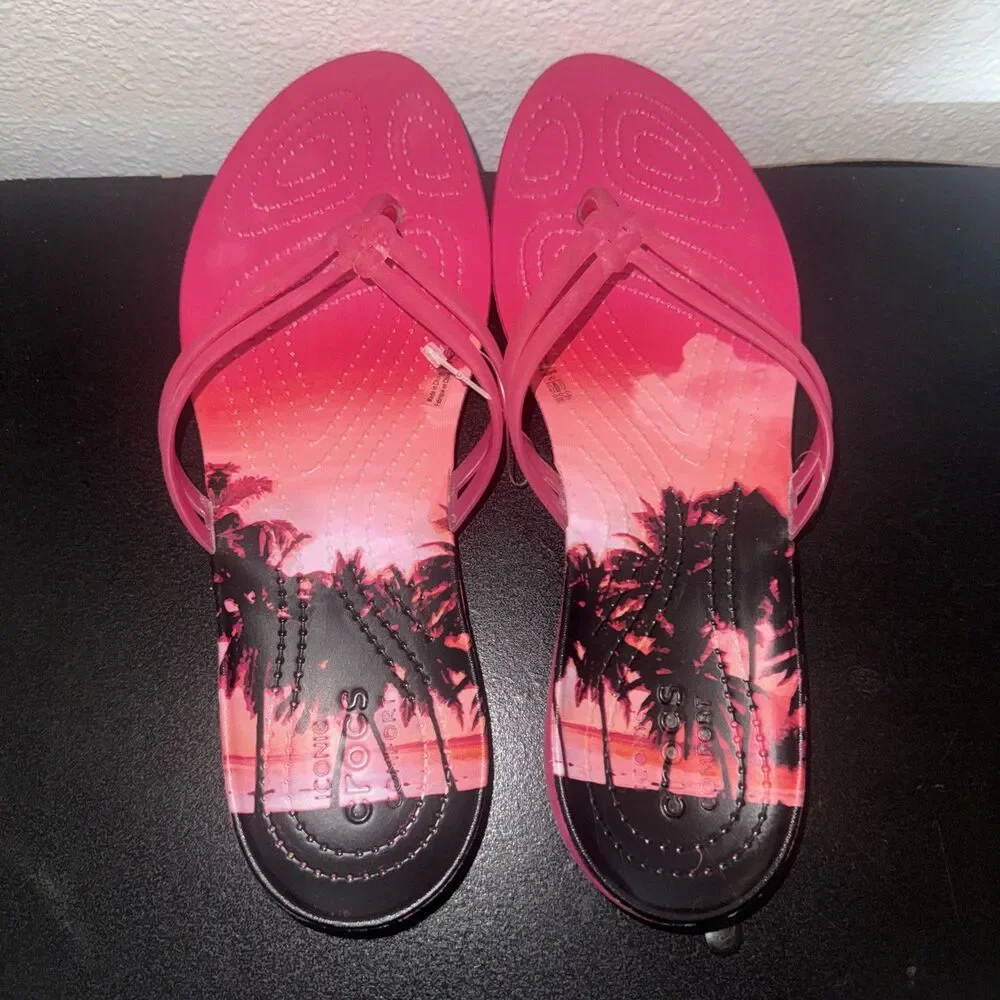 Crocs Isabella 204196 Jelly Pink Black Palm Trees Flip Flops Womens SIZE 10